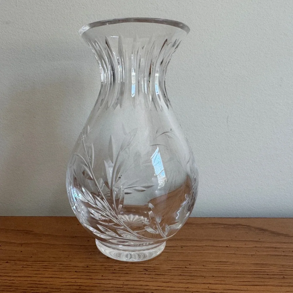 Vintage Etched Crystal Floral Bud Vase‎ Clear Glass Floral Fuchsia Design